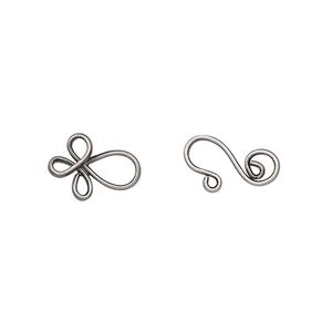 Clasp hook&eye 1pkg10 silver-plated, 22x8.5mm, brass antique 1-strand