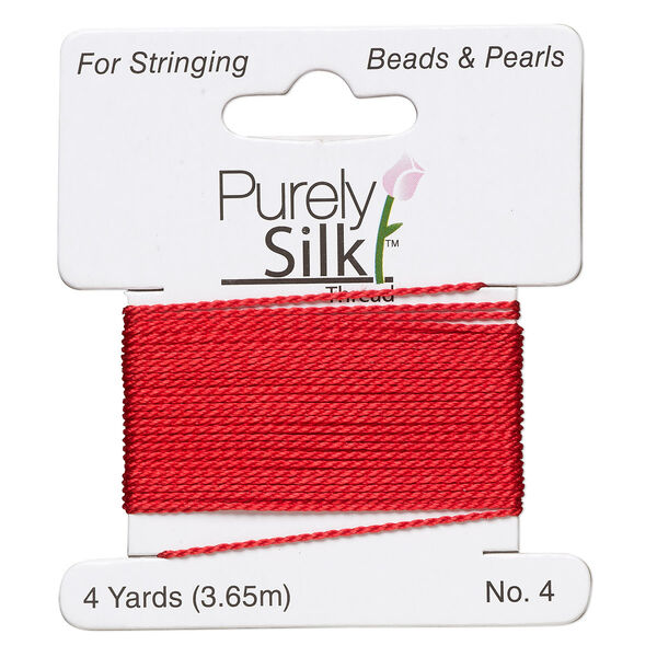 Thread, Purely Silk™, red, medium-heavy, size #4, 24-pound test. Sold per 4-yard card. image number 0