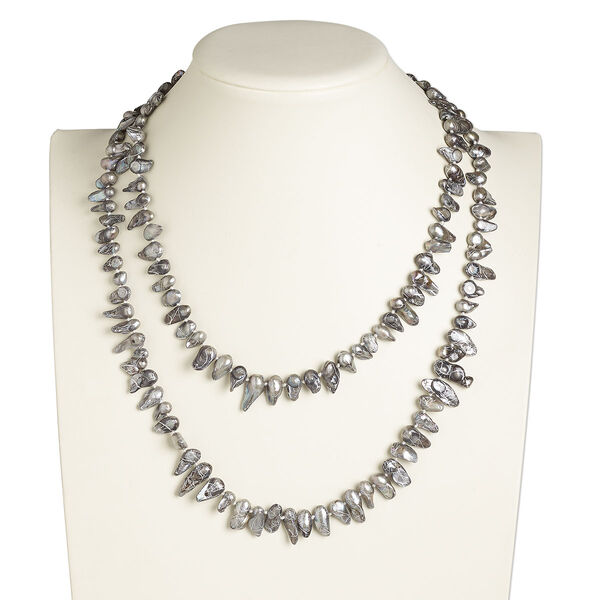 Necklace, cultured freshwater pearl (dyed / coated), grey and white, 10x6mm-24x10mm baroque, 48-inch knotted continuous loop. Sold individually. image number 0