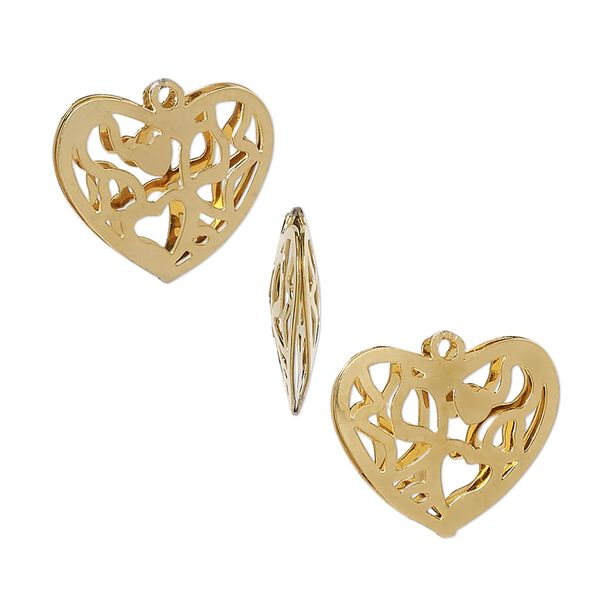 Charm, gold-finished stainless steel, 18x15mm double-sided domed heart with textured cut-out fancy design. Sold per pkg of 6. image number 0