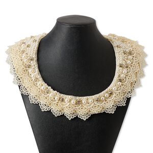 Necklace, collar, polyester / cotton / plastic / glass, ivory / peach / grey, 3 inches wide with flower design, 35 inches with tie closure. Sold individually.