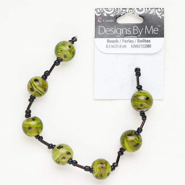Lampworked glass 1pkg7, round bead green / black / white 13-14mm image number 0