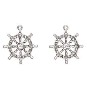 Charm, antique silver-finished "pewter" (zinc-based alloy) and glass, clear, 27mm ship wheel. Sold per pkg of 2.