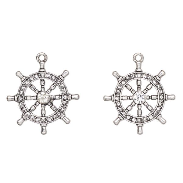 Charm, antique silver-finished "pewter" (zinc-based alloy) and glass, clear, 27mm ship wheel. Sold per pkg of 2. image number 0