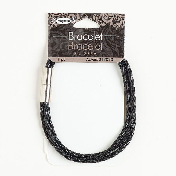 Bracelet 1pkg1, faux leather and silver-finished brass, 2.8mm braided, 7 inches with barrel clasp. image number 0
