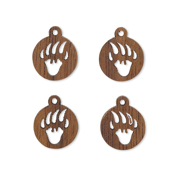 Drop, wood (natural), 11mm single-sided left- and right-facing flat round with cutout bear paw design. Sold per pkg of 4. image number 0