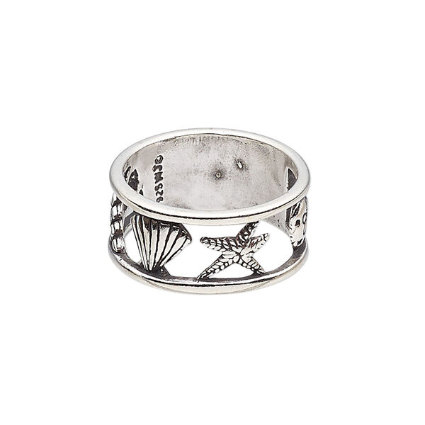 Ring, antiqued sterling silver, 9.5mm wide with cutout shells / starfish / sand dollar design, size 7.5. Sold individually. image number 0
