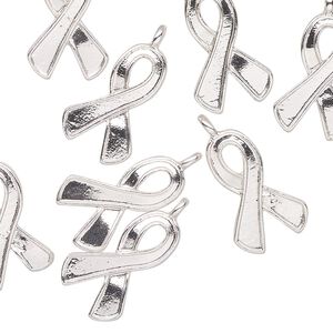 Charm, silver-finished "pewter" (zinc-based alloy), 17x11mm 2-sided awareness ribbon. Sold per pkg of 12.
