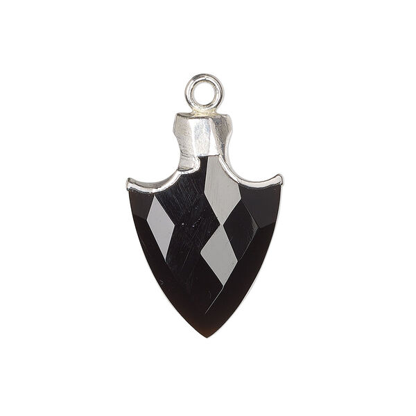 Drop, black onyx (dyed) / sterling silver / silver-plated copper, 20x14mm hand-cut faceted arrowhead. Sold individually. image number 0