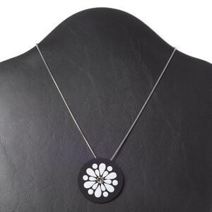 Necklace, Everyday Jewelry, crystals / enamel / imitation rhodium-finished "pewter" (zinc-based alloy), black / white / crystal clear, 40mm painted round, 16 inches with 3-inch extender chain and lobster claw clasp. Sold individually.