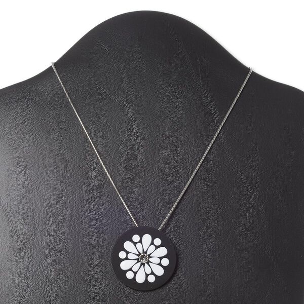 Necklace, Everyday Jewelry, crystals / enamel / imitation rhodium-finished "pewter" (zinc-based alloy), black / white / crystal clear, 40mm painted round, 16 inches with 3-inch extender chain and lobster claw clasp. Sold individually. image number 0