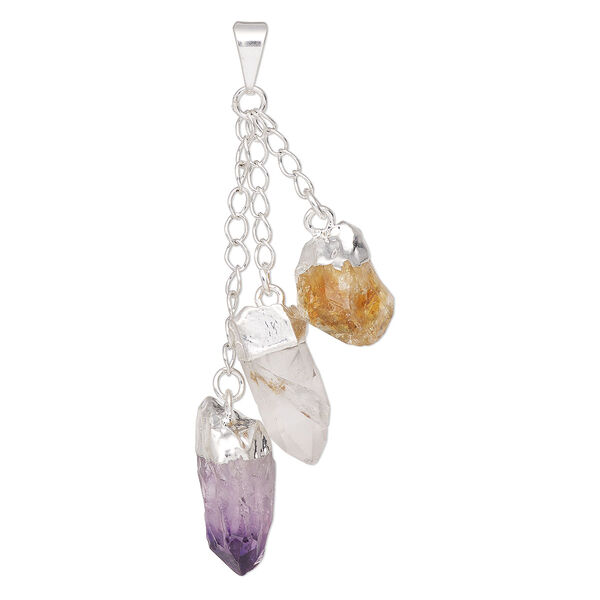 Pendant, Everyday Jewelry, silver-plated brass and multi-gemstone (natural / heated), 49-51mm with (3) dangling freeform points. Sold individually. image number 0