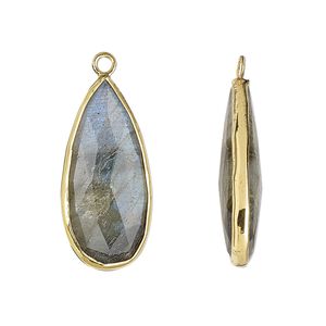 Drop, labradorite (natural) and gold-finished sterling silver, 27x12mm double-sided faceted teardrop. Sold per pkg of 2.