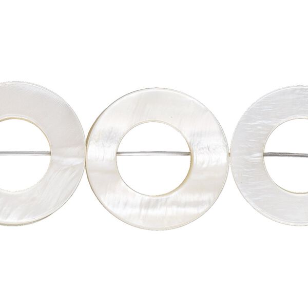 Bead, mother-of-pearl shell (bleached), white, 20mm round donut with 10mm center hole. Sold per 15-1/2" to 16" strand. image number 0