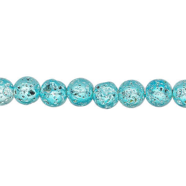 Bead, electro-coated lava rock (coated), aqua blue, 6-7mm round. Sold per 15-1/2" to 16" strand. image number 0