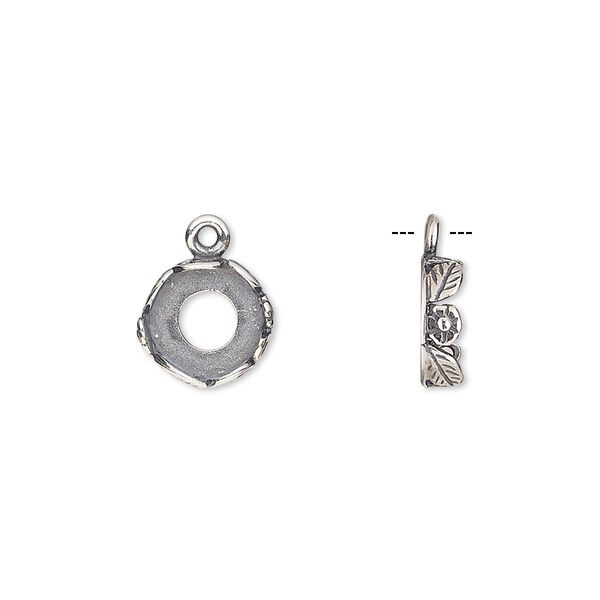 Drop, JBB Findings, antique silver-plated brass, 9.5mm round with open back and flower and leaf design trim, 8mm round bezel setting. Sold per pkg of 2. image number 0