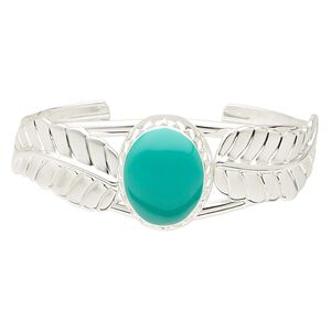 Bracelet, cuff, epoxy and silver-plated steel, turquoise green, 22x18mm oval and leaf design, adjustable from 6-1/2 to 7-1/2 inches. Sold individually.