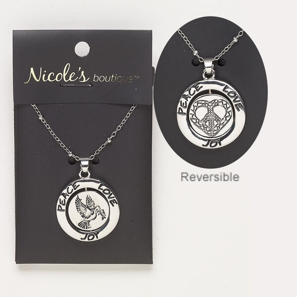 Necklace, antique silver-finished "pewter" (zinc-based alloy) and silver-finished steel, 24mm round with "PEACE LOVE JOY" and two-sided swivel with dove and heart peace sign, 24 inches with 2-inch extender chain and lobster claw clasp. Sold individually. image number 0