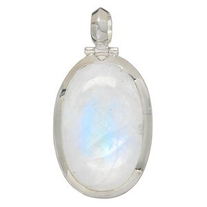Pendant, rainbow moonstone (natural) and sterling silver, 53x39mm-56x46mm oval. Sold individually.