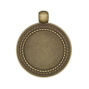 Pendant, glue-in, antique brass-finished "pewter" (zinc-based alloy), 33x28mm single-sided round with textured edge, 20mm round setting. Sold per pkg of 2.