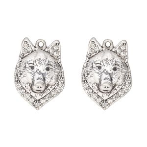 Charm, antique silver-finished "pewter" (zinc-based alloy) and glass, clear and black, 26x21mm single-sided wolf head. Sold per pkg of 2.