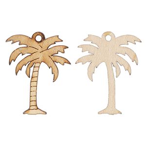 Drop, European white birch (natural), 26x20mm single-sided laser-cut palm tree. Sold per pkg of 2.