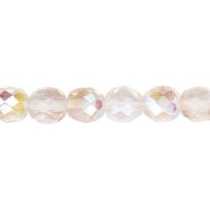 Bead, Czech fire-polished glass, two-tone, crystal/rose AB, 8mm faceted round. Sold per 15-1/2" to 16" strand.