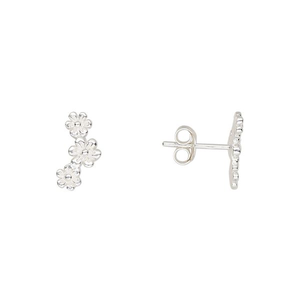 Earstud sterling silver 1pkg2, 12x6mm right- and left-facing flower / earnuts included, Create Compliments® 1 pair image number 0