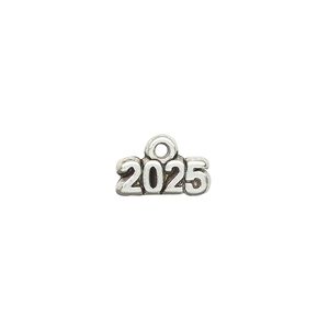 Charm, antique silver-plated pewter (tin-based alloy), 13x5mm "2025." Sold per pkg of 2.