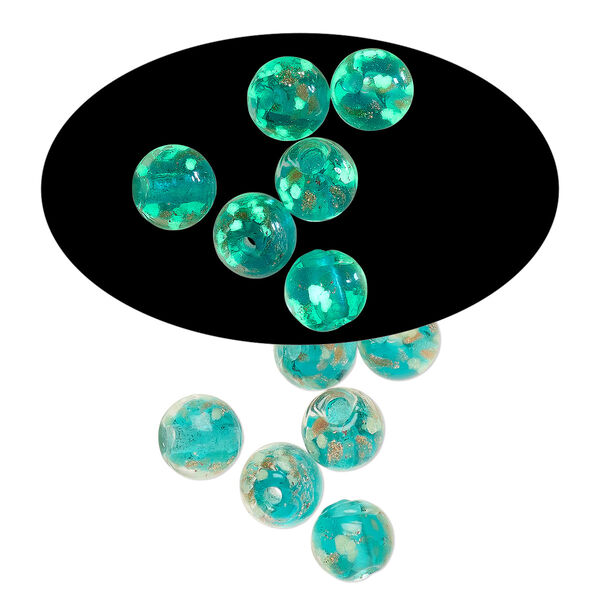 Bead, lampworked glass, clear / teal / glow-in-the-dark / gold, 6mm round. Sold per pkg of 6. image number 0