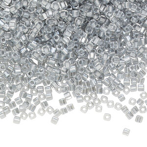 Seed bead, Miyuki, glass, pkg/250g, 1.8mm square, transparent clear inside dyed color metallic silver pewter (SB-242).
