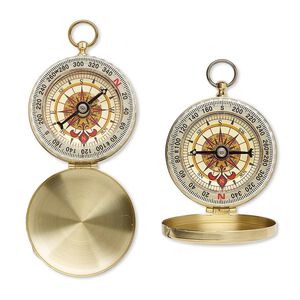 Focal, brass / steel / acrylic, multicolored, 2-3/4 x 2-inch working compass with 2-inch round face and hinged cover. Sold individually.