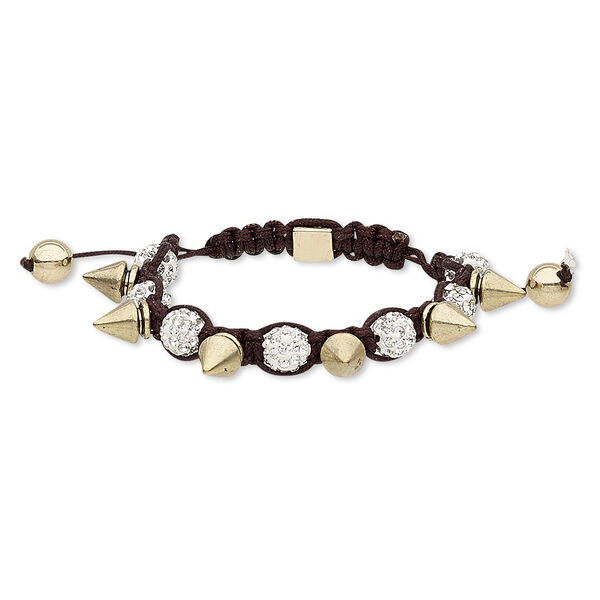 Bracelet, glass rhinestone / nylon / polymer clay / gold- / antique gold-finished "pewter" (zinc-based alloy), dark brown / white / clear, 8mm round and 12x7mm spike, adjustable from 5-1/2 to 8-1/2 inches with macramé knot closure. Sold individually. image number 0