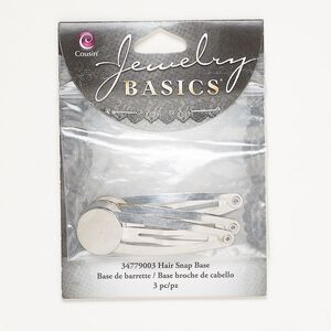 Hair clip, silver-finished steel, 53x16mm with 16mm round glue-on pad. Sold per pkg of 3.