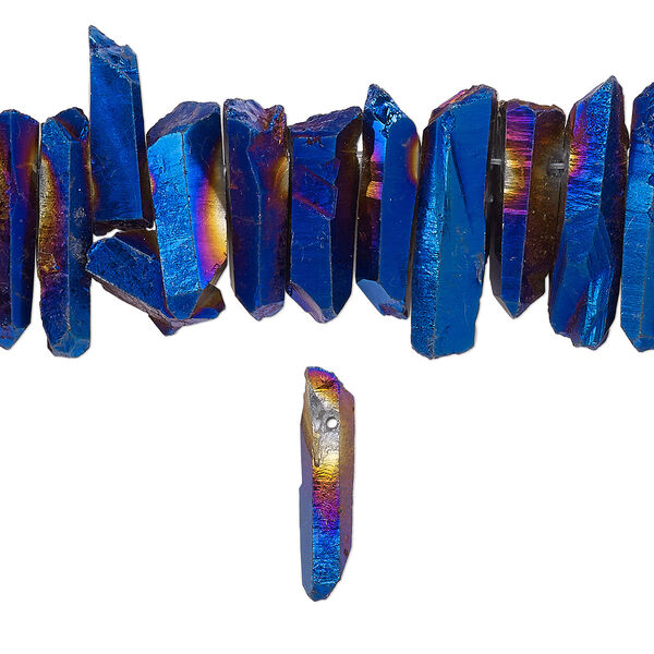 Bead, quartz crystal (coated), peacock blue, 25x4mm-35x10mm hand-cut top-drilled electroplated natural point, B grade, Mohs hardness 7. Sold per 4-inch strand. image number 0