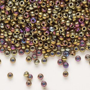 Seed bead, Miyuki, glass, pkg/50g, #8 rocaille, opaque nickel-plated golden olive iris (RR-188).