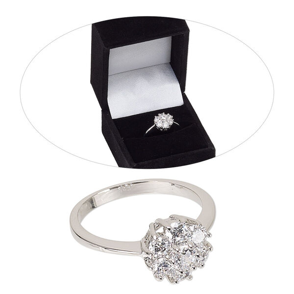 Ring, cubic zirconia and rhodium-finished brass, clear, 10mm tiered flower, size 8. Sold individually. image number 0