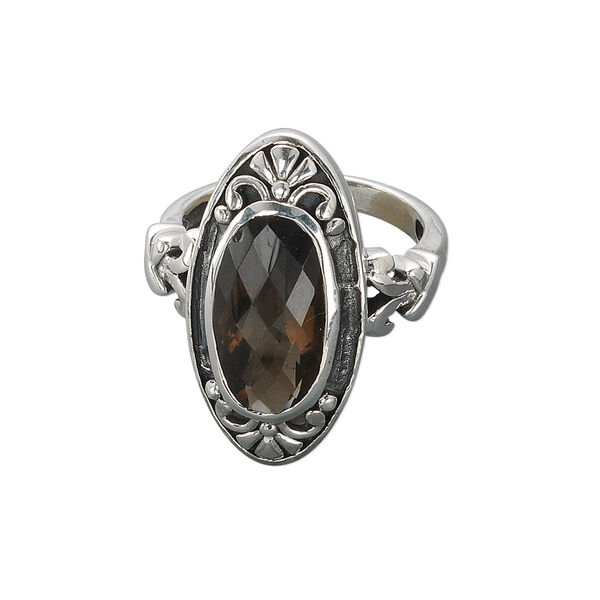 Ring, sterling silver and smoky quartz (heated / irradiated), 25x13mm marquise, 16x10mm faceted oval, size 7. Sold individually. image number 0