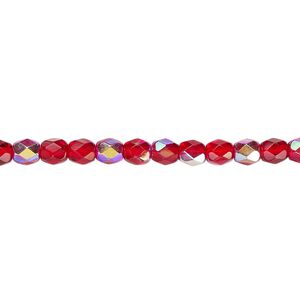 Bead, Czech fire-polished glass, light red AB, 4mm faceted round. Sold per 15-1/2" to 16" strand.