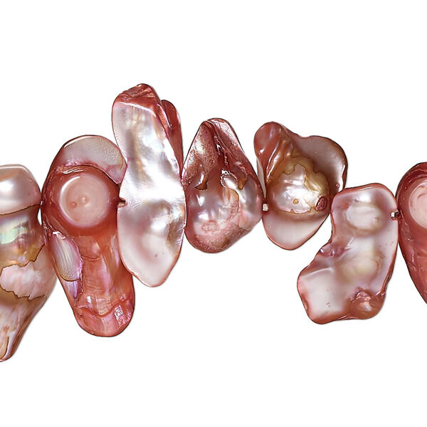 Pearl, cultured freshwater (dyed), strawberry, 11x8mm-30x12mm baroque with 0.4mm hole, D grade, Mohs hardness 2-1/2 to 4. Sold per 15-inch strand. image number 0