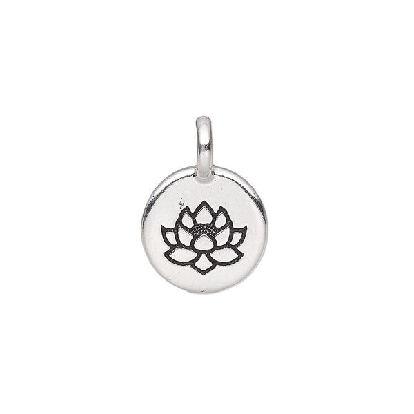 Drop, TierraCast®, antique silver-plated pewter (tin-based alloy), 11.5mm single-sided round with lotus design. Sold per pkg of 20. image number 0