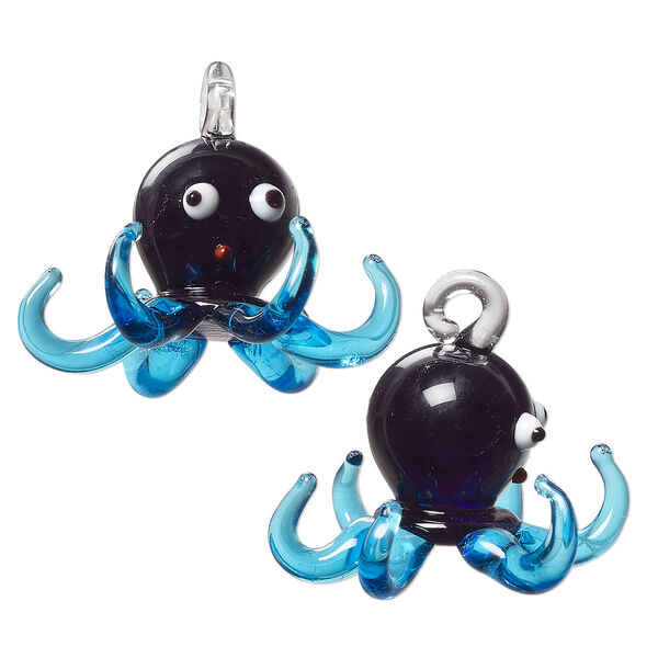 Drop, lampworked glass, multicolored, 28x20mm 3D octopus. Sold individually. image number 0