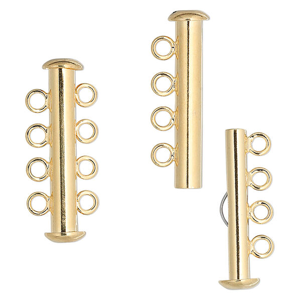 Clasp, 4-strand slide lock, gold-plated brass, 26x6mm tube. Sold per pkg of 4. image number 0