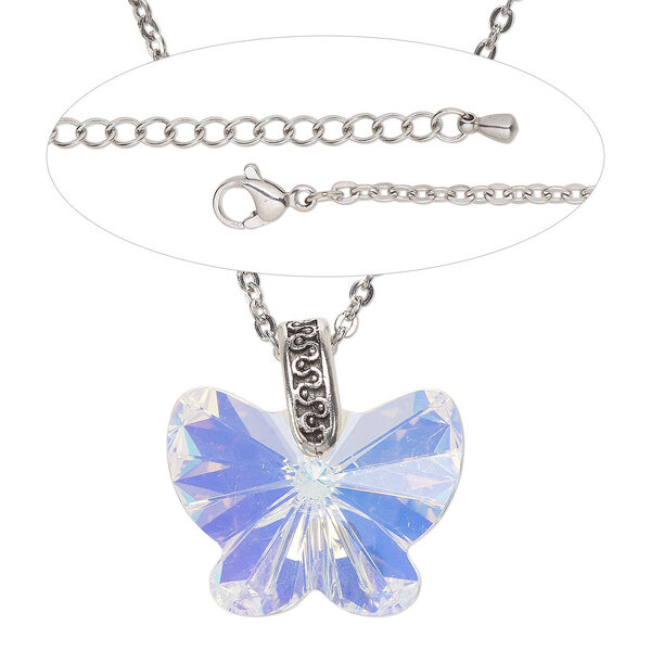 Necklace, Everyday Jewelry™,  brass / crystal / stainless steel, butterfly  pendant on antiqued-silver chain with lobster claw clasp, 24 inches. Sold individually. image number 0