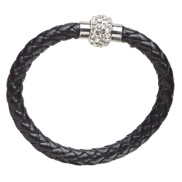 Bracelet, leather (dyed) / silver-finished brass / glass, black / white / clear, 6mm bolo cord, 7 inches with magnetic clasp. Sold individually. image number 0