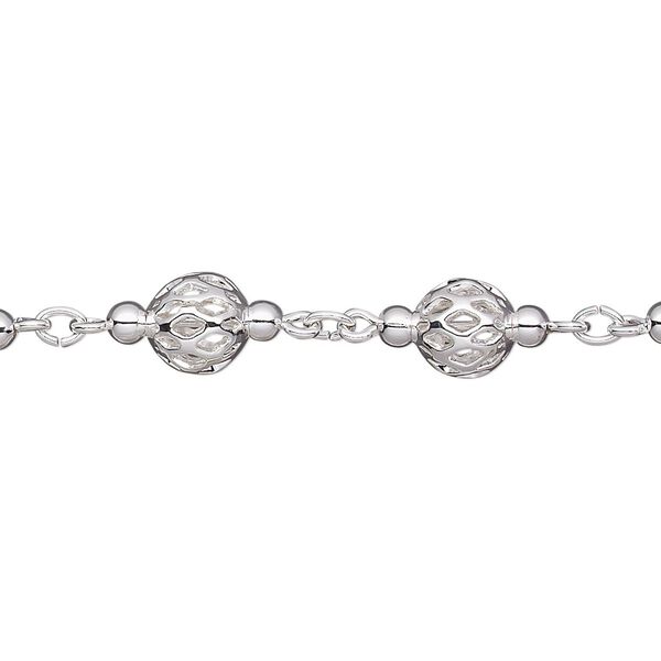 Chain, silver-plated brass, 6mm beaded filigree. Sold per pkg of 5 feet. image number 0
