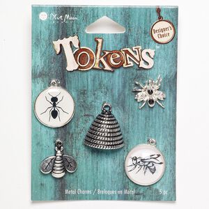 Drop and charm, antique silver-finished "pewter" (zinc-based alloy), 18x15mm-20mm assorted shape. Sold per pkg of 5.