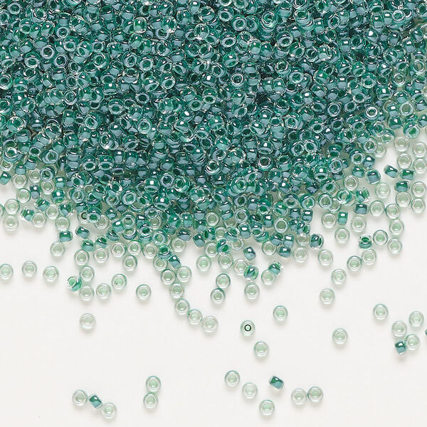 Seed bead, Miyuki, glass, pkg/250g, #15 rocaille, translucent forest green-lined luster crystal clear (RR-217). image number 0
