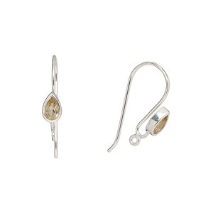 Ear wire fishhook 1pkg2 sterling silver / citrine, 16mm / 6x4mm teardrop / hand-cut / closed loop, 22 gauge 1 pair
