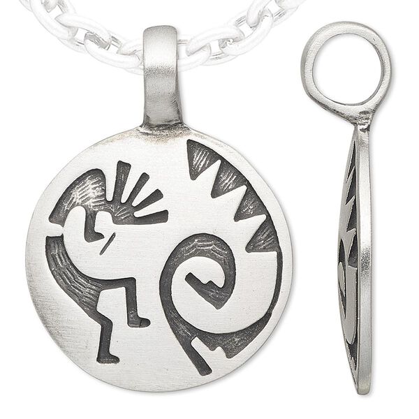 Pendant, Powerful Pewter Pendants, antiqued pewter (tin-based alloy), 39x28mm domed round with Kokopelli and 7mm hole. Sold individually. image number 0